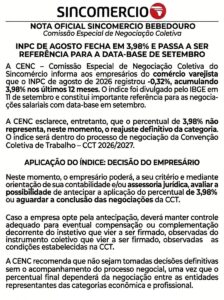 Nota Oficial Sincomercio Bebedouro acerca do índice de reajuste da categoria